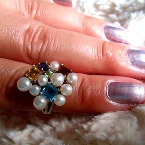 Multi-Gemstone and Pearl Ring size 8